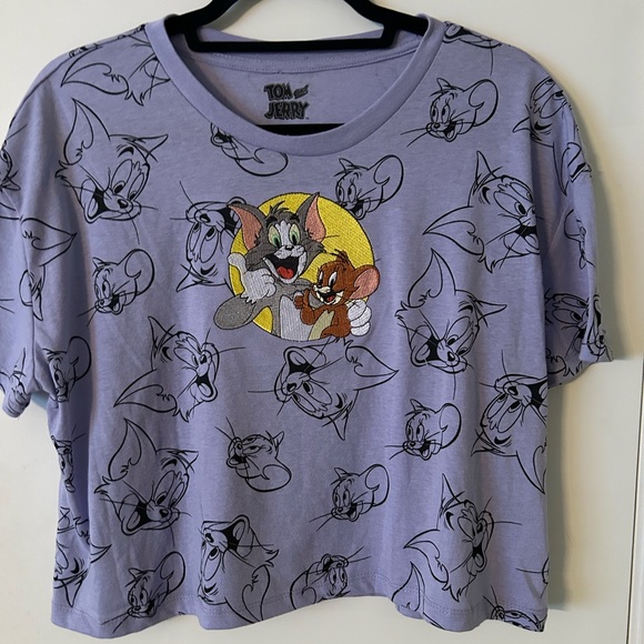 Tom and Jerry purple, embroidered crop top shirt. Sz L - Picture 1 of 4